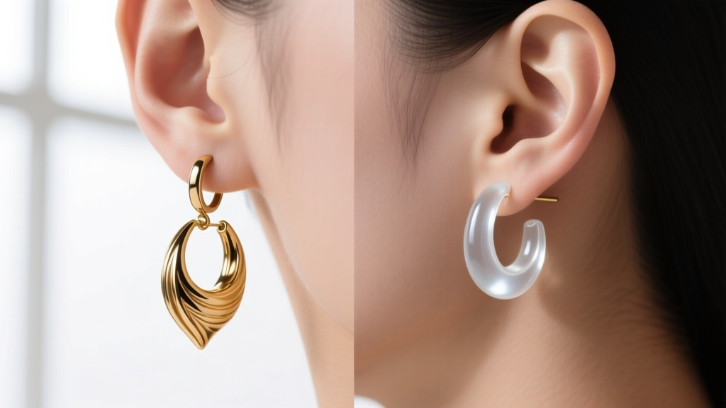 Solid brass Potara earring drooping on a stretched earlobe next to a lightweight resin version sitting perfectly flush and secure.