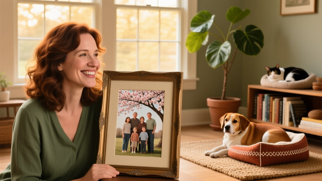 Danielle smiling beside a framed family portrait from a Retake photoshoot, with soft natural light and warm tones