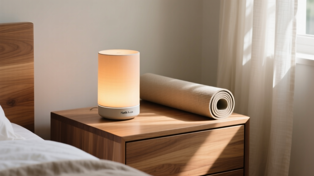 Hatch Restore 3 smart sleep and meditation lamp glowing with warm amber light on a wooden nightstand next to a rolled yoga mat