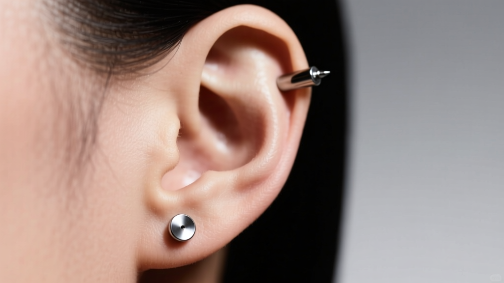 Side view of an ear wearing a titanium flat back labret in a lobe piercing, showing flush fit against skin, soft studio lighting