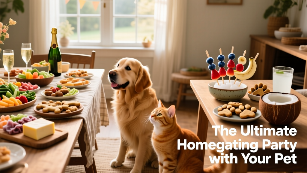 A festive table spread with human snacks on one side and pet-friendly frozen fruit and shaped treats on the other