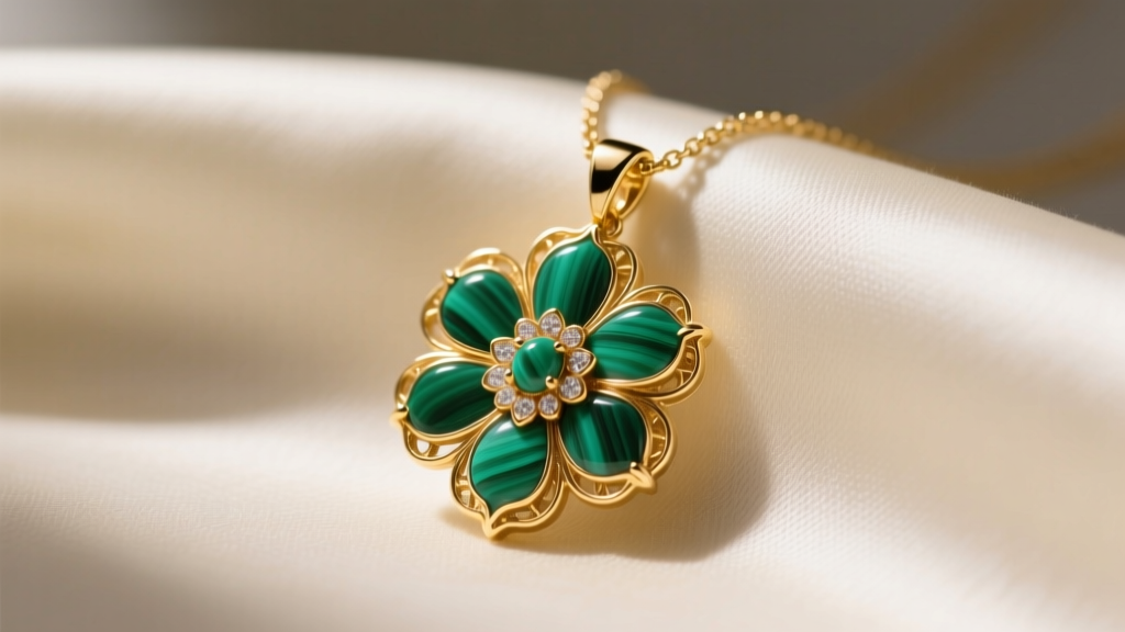 A macro shot of an 18k gold vermeil floral pendant necklace with malachite inlay resting on cream silk under soft studio lighting
