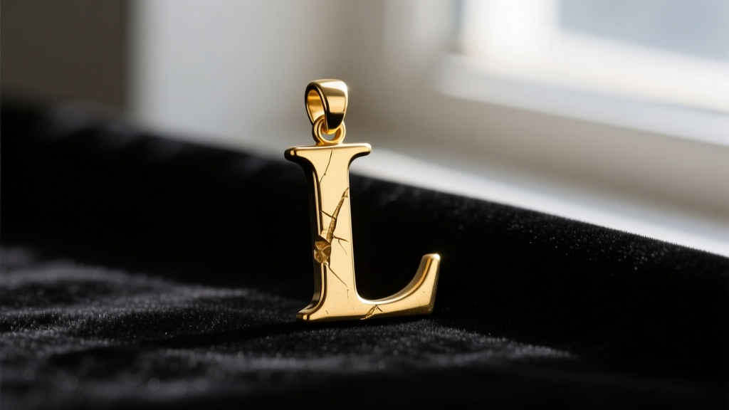 Macro photography of a bent gold initial L pendant corner, showing stress marks at the right angle joint on dark velvet.
