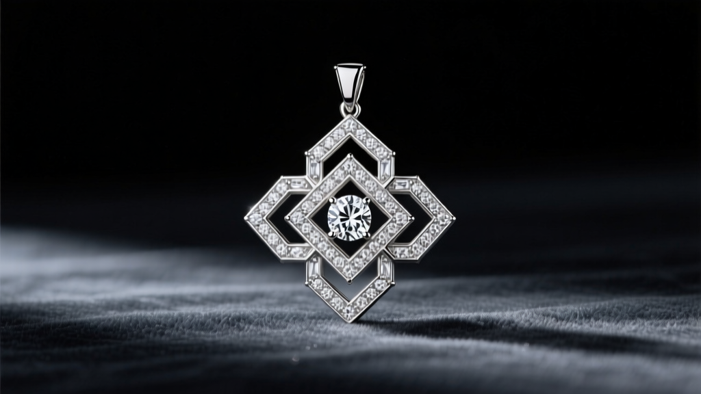 Art Deco platinum and diamond geometric pendant on dark charcoal velvet, illuminated by soft, directional gallery lighting