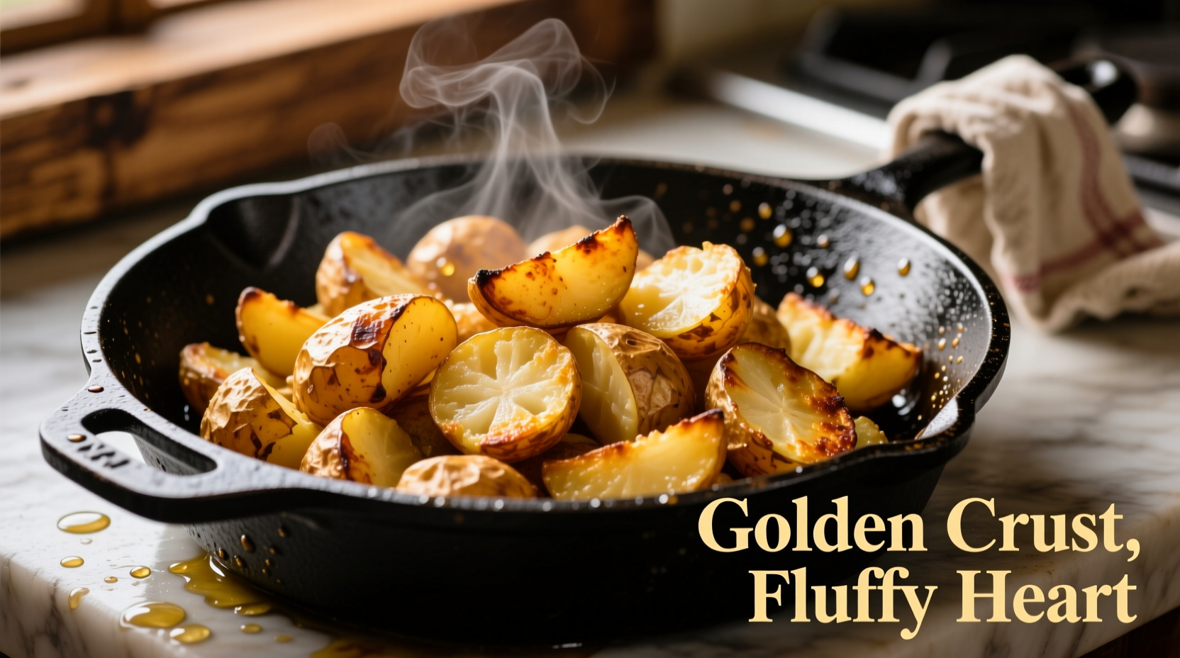 Crispy golden hashed potatoes in cast iron skillet