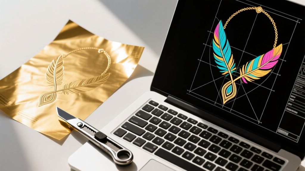 Flat lay of gold metallic tattoo paper, a craft cutter, and a laptop displaying a vector feather necklace blueprint design.