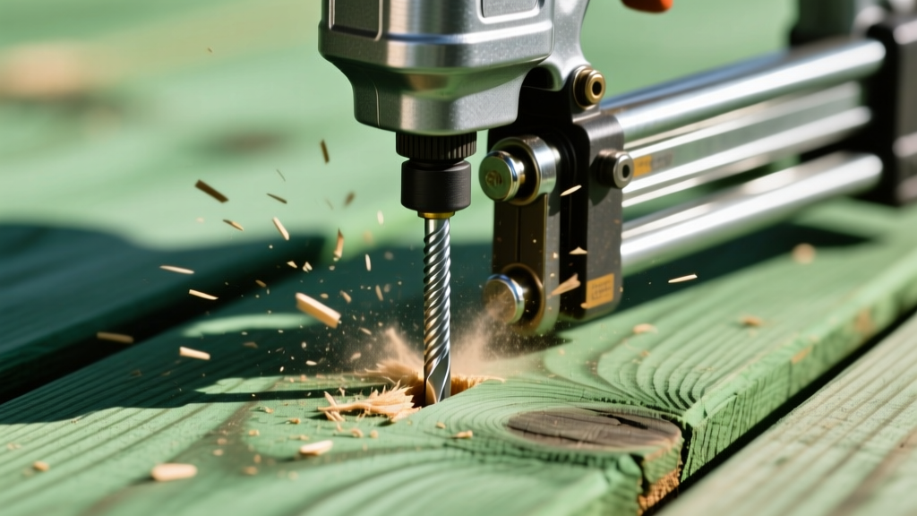 Close-up of hot-dipped galvanized ring shank nails being driven into thick green pressure-treated pine decking boards with a pneumatic nailer