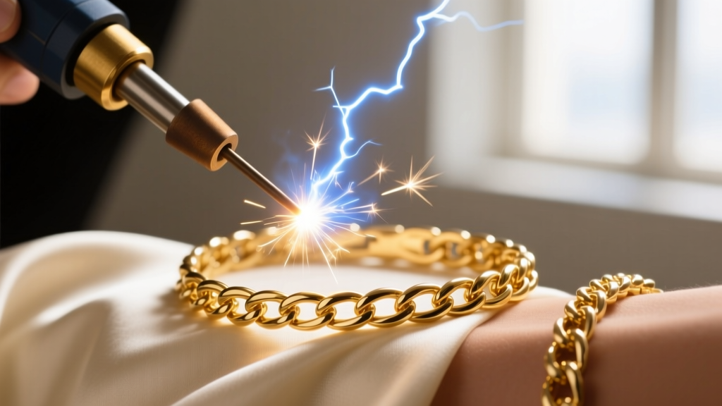 Close-up of a pulse arc micro-welder creating a bright flash on a delicate 14k solid gold cable chain bracelet on a woman's wrist.
