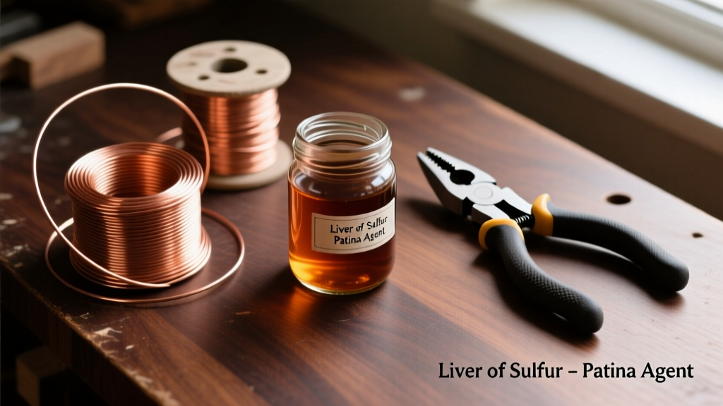 Overhead flat lay of bare copper wire spools, nylon jaw pliers, and liver of sulfur patina jar on a dark wooden jeweler's bench