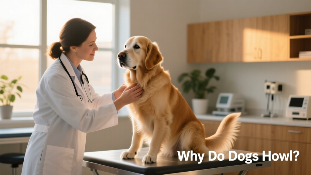 A veterinarian gently examining a senior dog during a wellness checkup, with soft lighting and a calm clinic setting