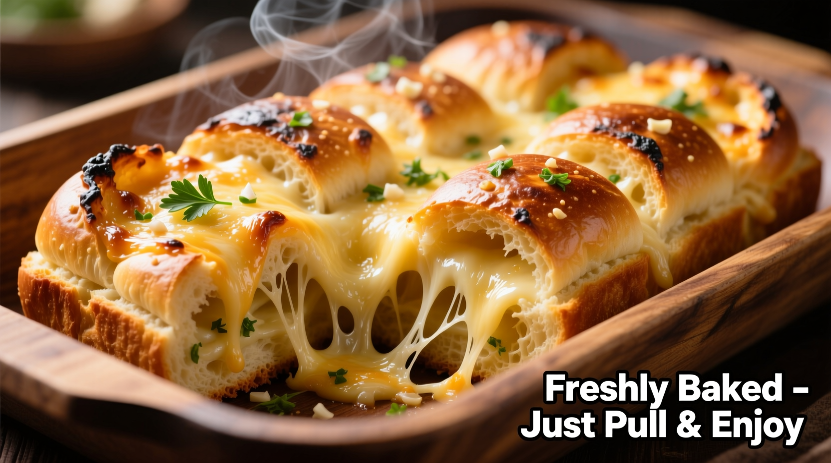 Golden pull apart cheesy garlic bread with melted cheese strands