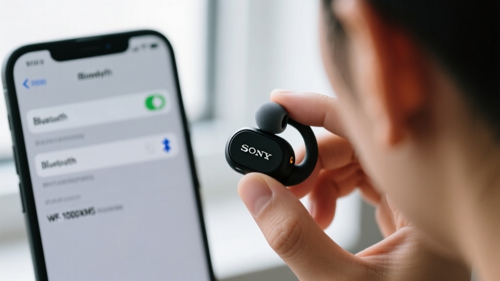 Close-up of a user adjusting a Comply foam tip on a black Sony WF-1000XM5 wireless earbud with a smartphone showing Bluetooth settings in the background
