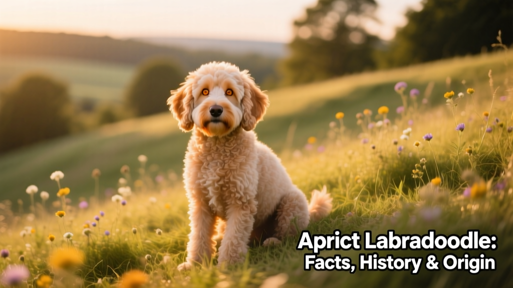 A friendly, medium-sized Apricot Labradoodle sitting outdoors with a gentle expression