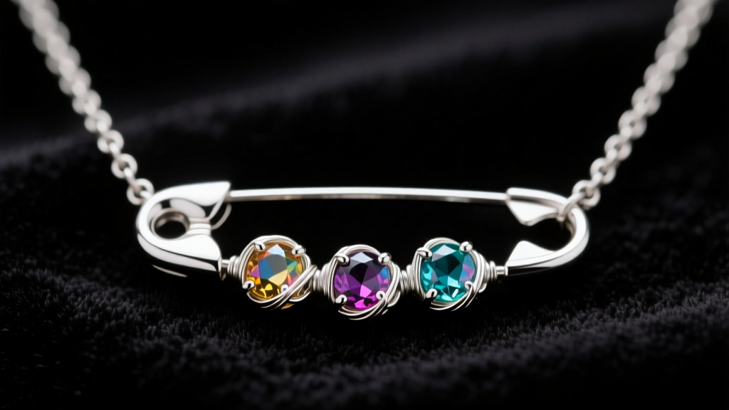 Close-up of a polished 316L surgical steel safety pin necklace on black velvet, showcasing intricate wire-wrapped gemstone beads.
