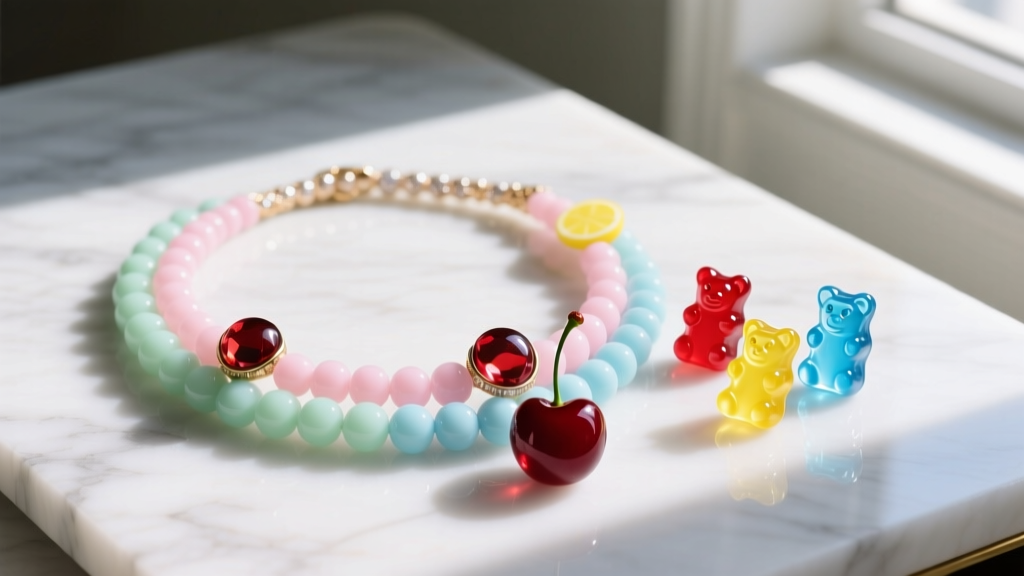Candy-inspired jewelry necklaces with pastel acrylic beads, glossy glass cherries, and resin gummy bears resting on white marble