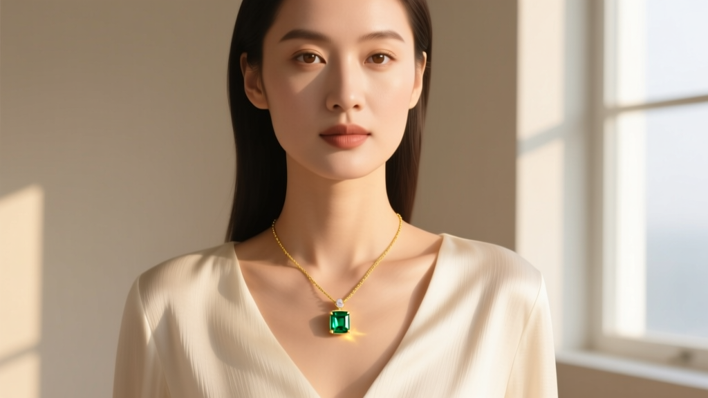 A woman wearing a delicate 14k gold pendant necklace with a bezel-set emerald resting on her collarbone in soft natural sunlight.