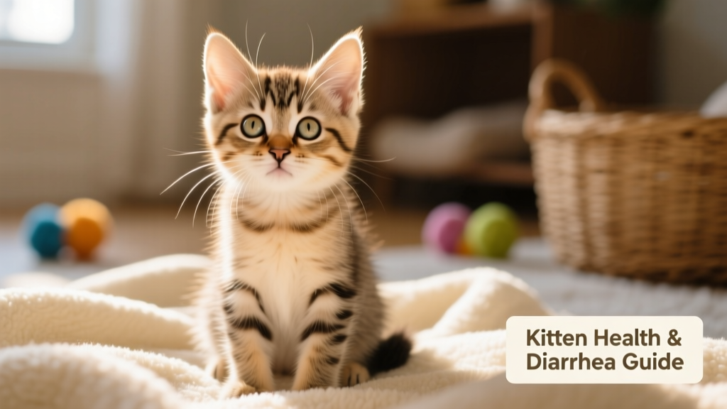 Close-up of a healthy, curious kitten sitting on a soft blanket, looking alert and well-groomed