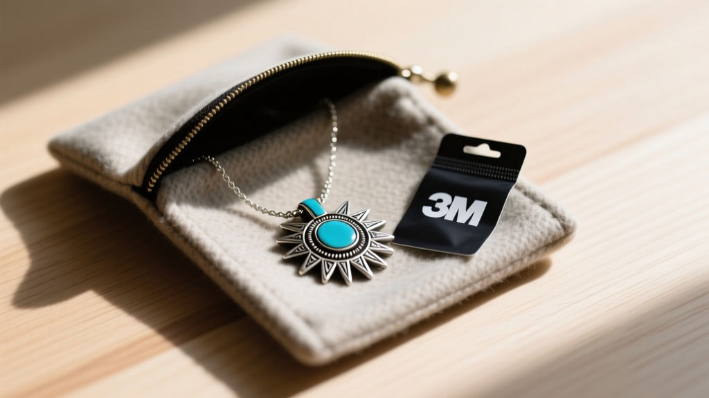 Open anti-tarnish flannel pouch revealing a Zuni sunface necklace resting next to a dark 3M anti-tarnish strip on a wood surface.