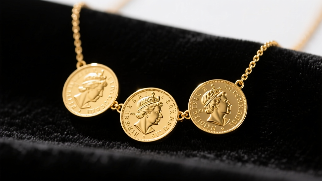 Close-up of a heavy 18k yellow gold necklace featuring three full British sovereign coins in polished bezels resting on dark velvet.