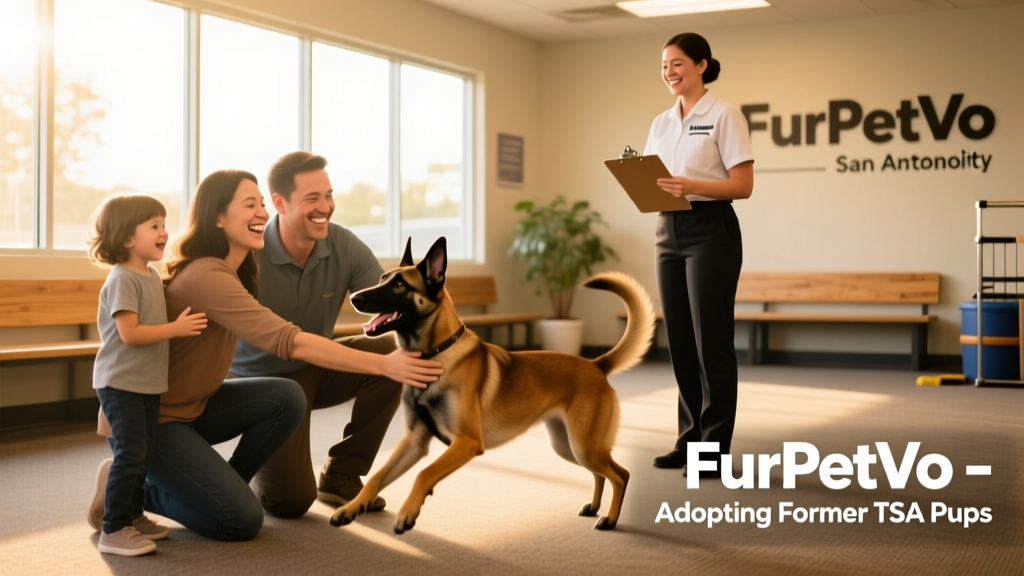A joyful family greeting a newly adopted Belgian Malinois at the FurPetVo San Antonio facility, with handlers nearby offering support