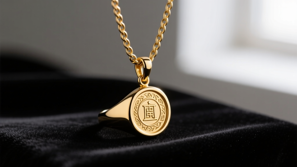 Close-up of a vintage gold signet ring hanging from a 14k gold cable chain via a secure clip-on bail, resting on dark velvet.