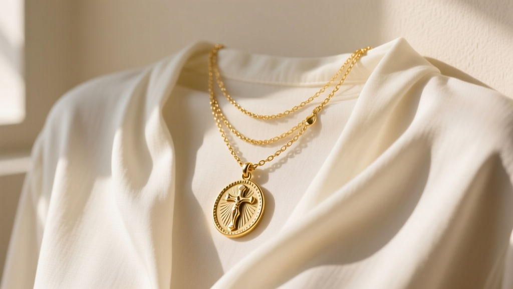 A layered 14k gold Catholic charm necklace with a Miraculous Medal and crucifix resting on a sunlit linen blouse.