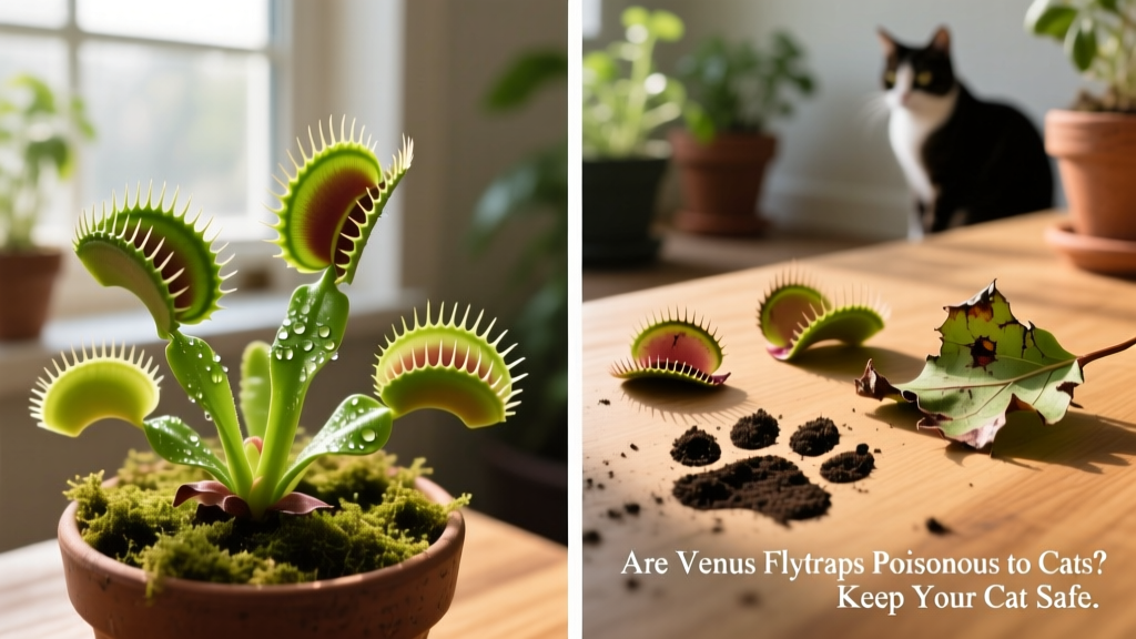 Side-by-side comparison: healthy Venus flytrap leaves vs. damaged leaves with broken traps from pet interference