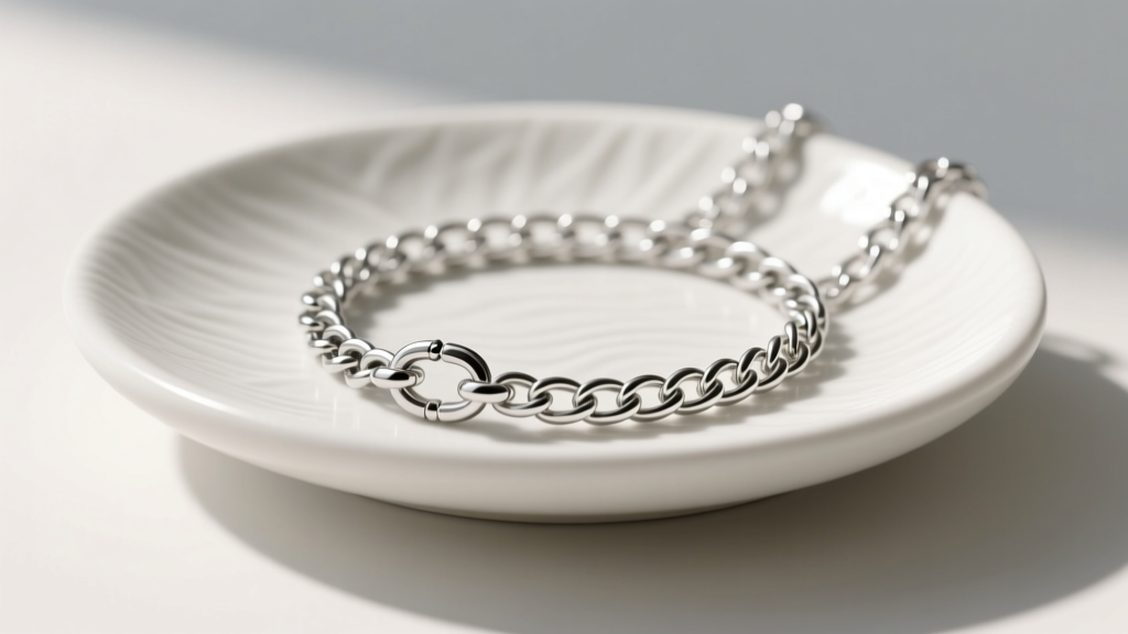Side profile of a 1mm platinum box chain with a secure lobster clasp, displayed on a minimalist ceramic jewelry dish in daylight.
