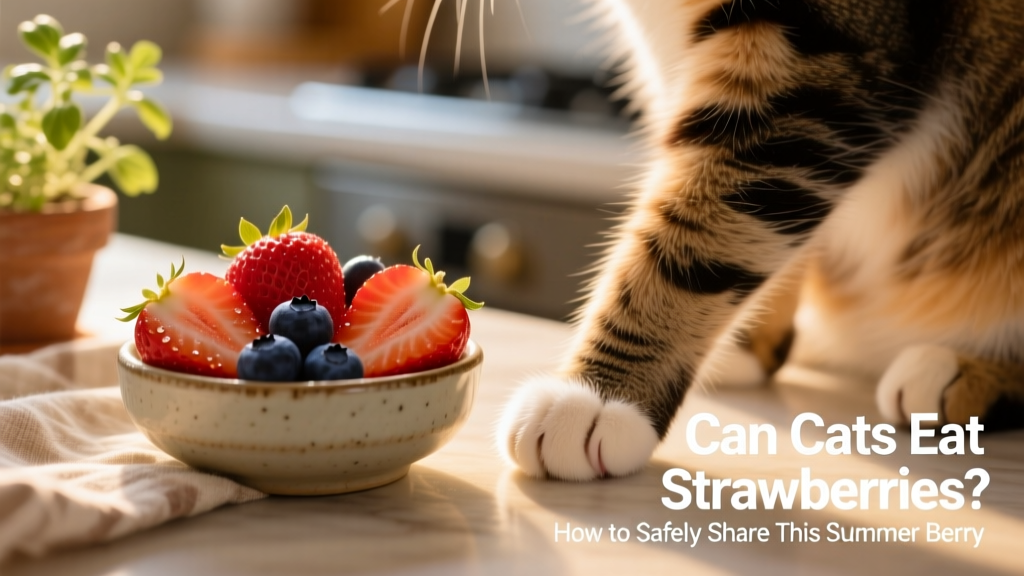Close-up of a cat’s paw resting near a small bowl with sliced strawberries and blueberries