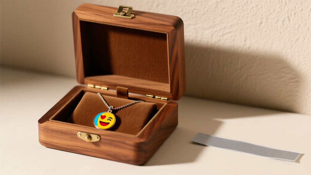Open wooden jewelry box showing an emoji necklace stored separately in a suede-lined compartment next to an anti-tarnish strip.