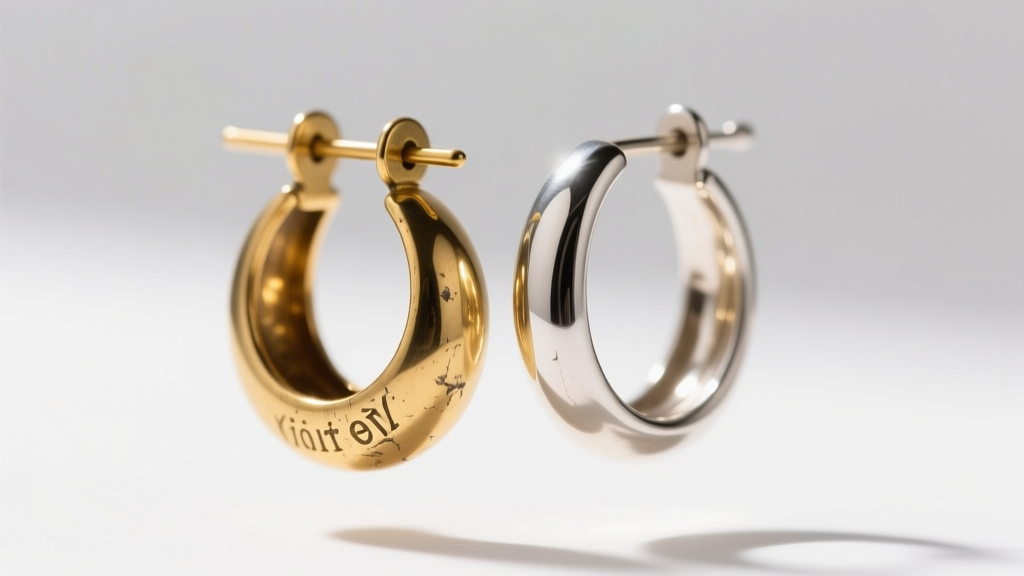 Macro shot comparing a worn gold-plated brass earring and a thick gold vermeil sterling silver earring under bright lighting