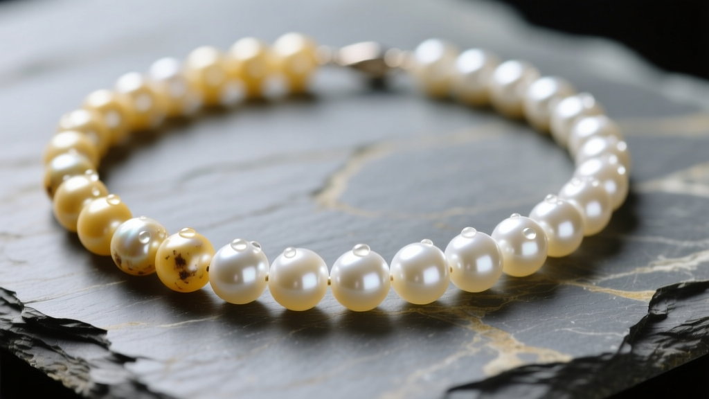 Macro shot of a freshwater pearl necklace on slate, contrasting dull yellowed pearls with bright clean pearls under soft light.