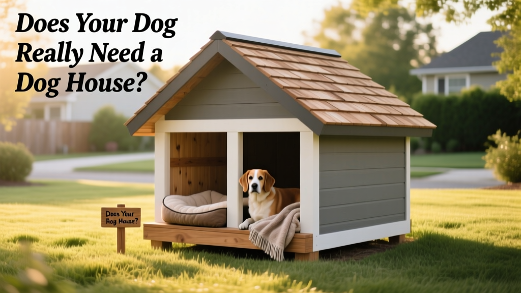 A sturdy, elevated dog house with insulated walls and a slanted roof, positioned on level ground