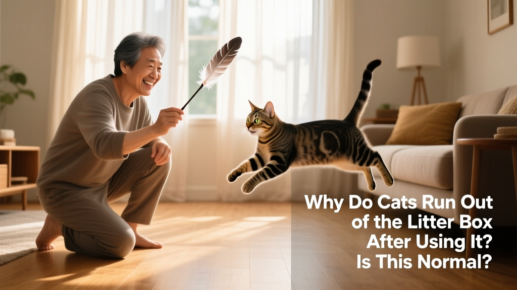 Owner playing with cat using a feather wand, both engaged and smiling, in a sunlit living room