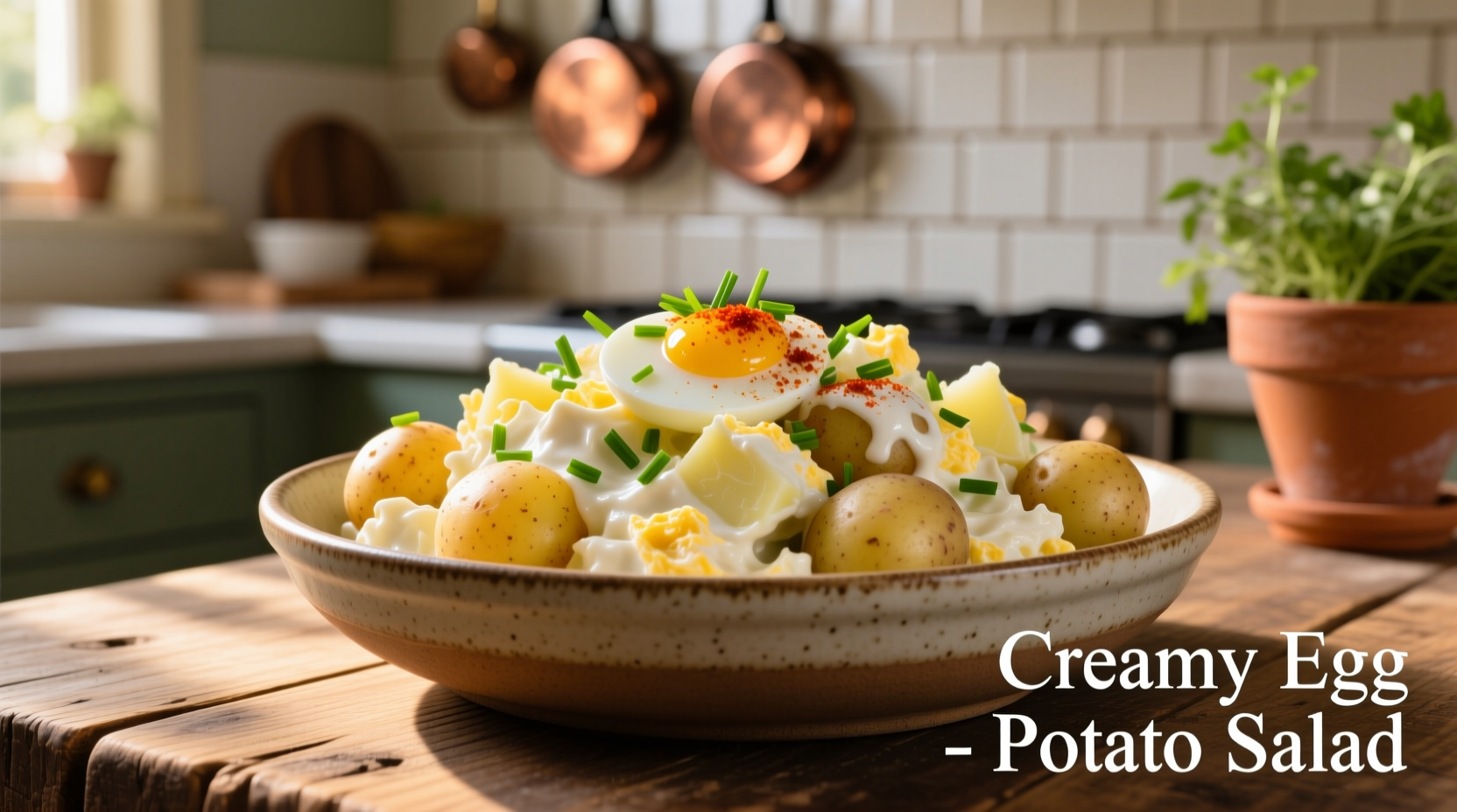 Creamy egg potato salad in serving bowl