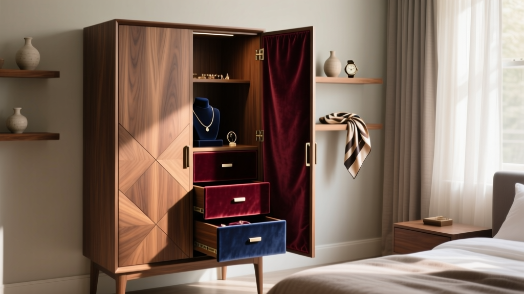 Walnut-finish budget jewelry armoire cabinet in a sunlit bedroom, doors slightly open revealing velvet-lined drawers.