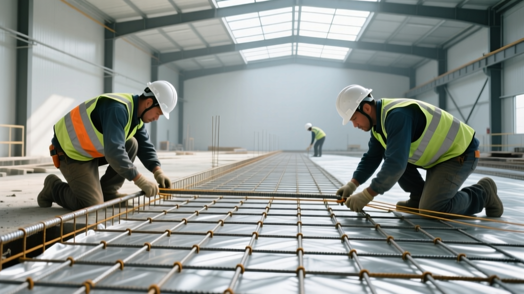 Construction workers installing a grid of #4 steel rebar and 6x6 welded wire mesh over vapor barrier before a concrete slab pour