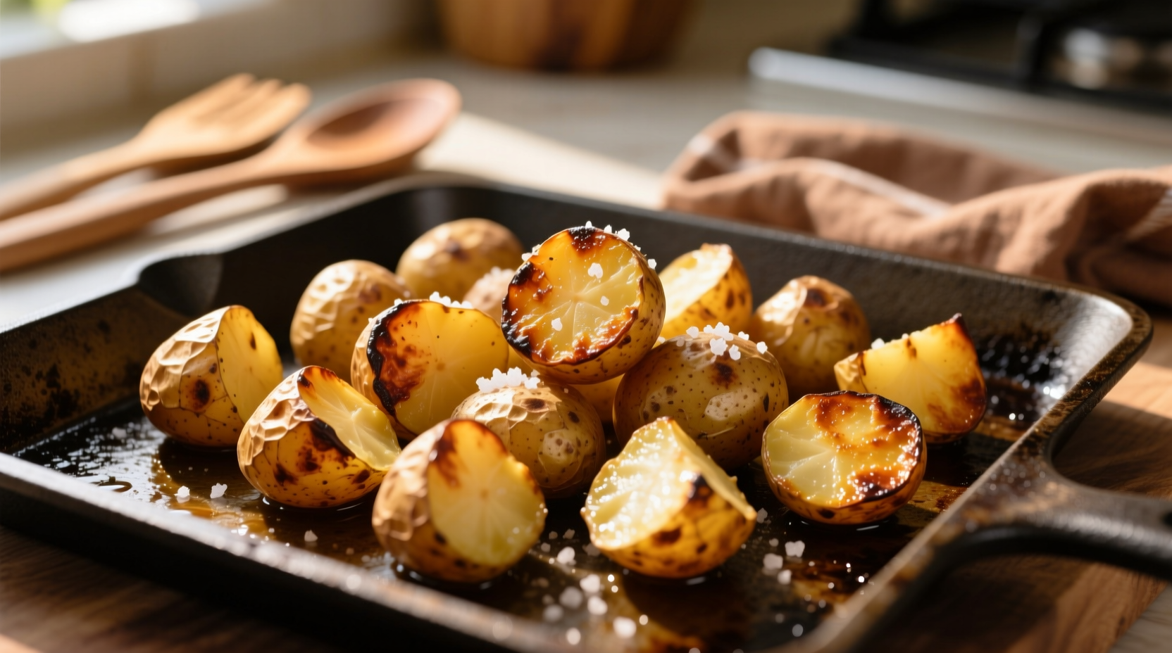 Golden roasted potatoes on baking sheet