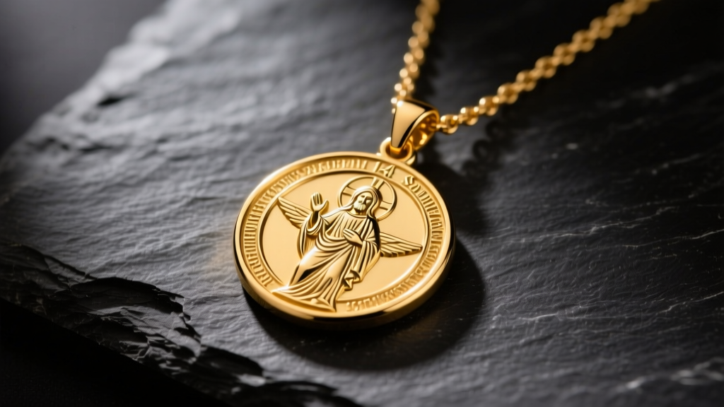 A 14k yellow gold Saint Christopher medallion necklace on dark slate, showing deep engraved details under warm studio lighting.