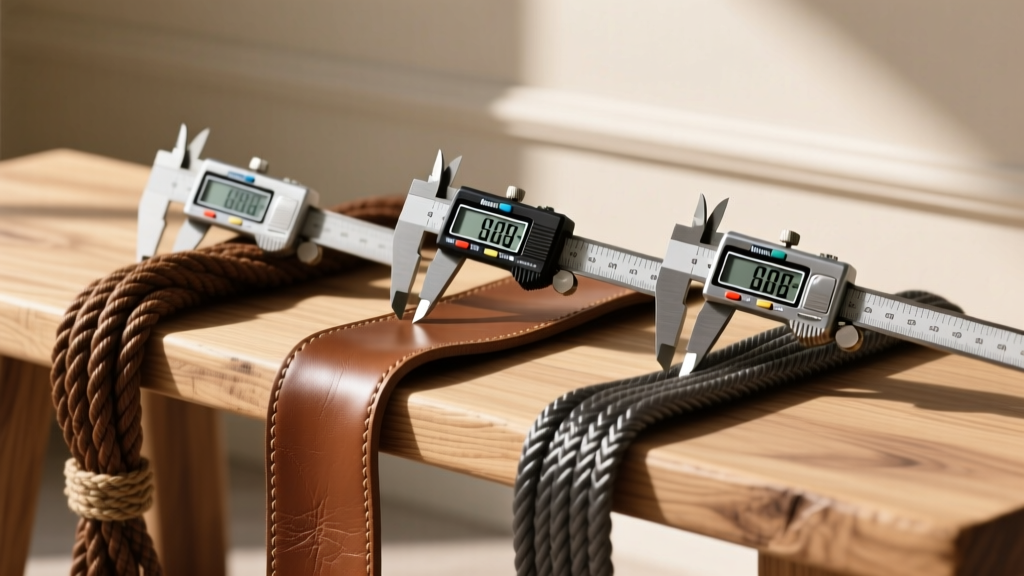 Waxed hemp, leather, and nylon cords laid side-by-side on a wooden bench with digital calipers measuring their exact thickness.