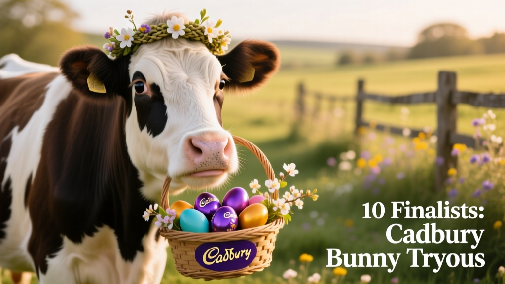 Cow with flower crown holds Easter basket in mouth with Cadbury egs in basket