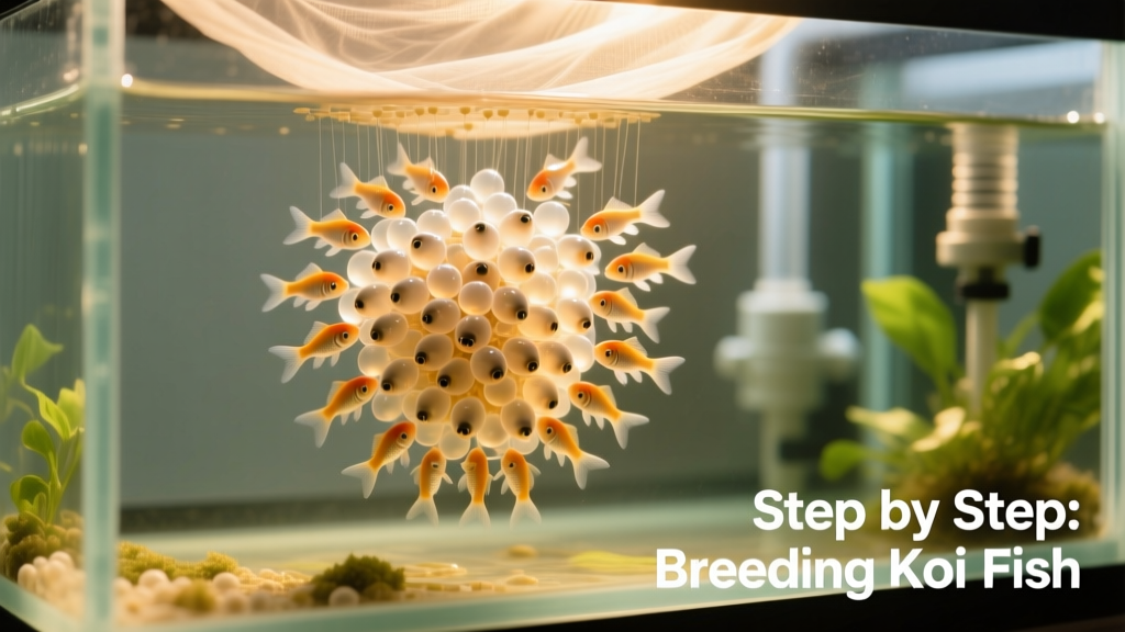 Spawning mat covered in tiny koi eggs in a controlled breeding tank
