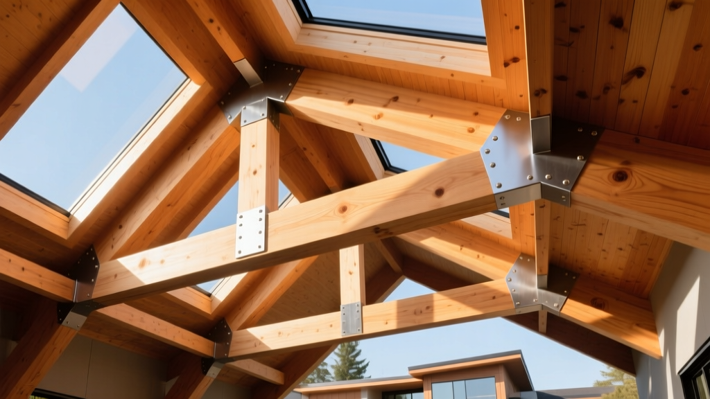 Massive Douglas Fir glulam beams supporting a modern timber-frame roof structure with exposed steel connection plates in bright daylight.