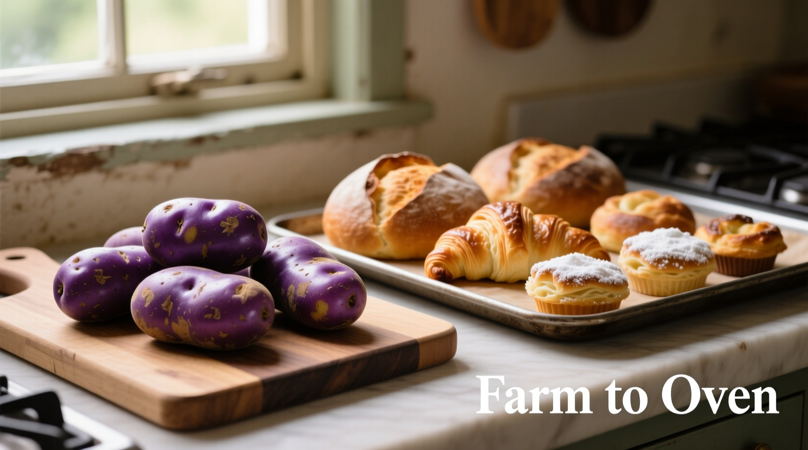 Fresh purple potatoes and baked goods side by side