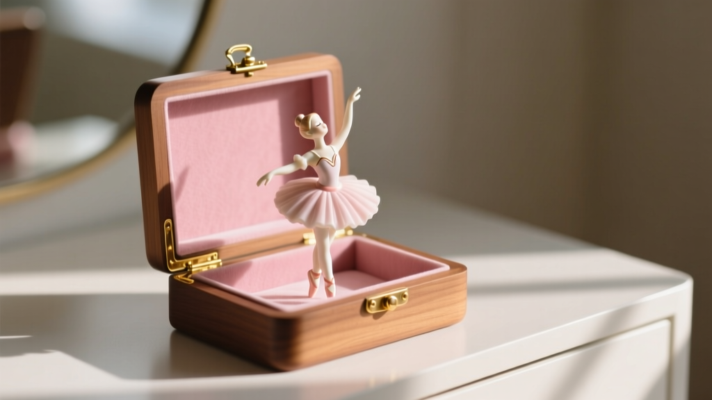 Open wooden jewelry box with ballerina on vanity, soft morning light revealing plush pink velvet interior and brass hinges