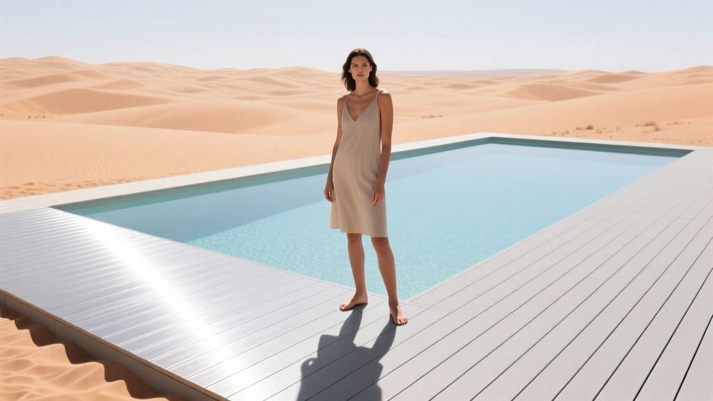 Barefoot on light-gray powder-coated aluminum decking boards by a pool under bright direct midday sunlight in a hot desert climate