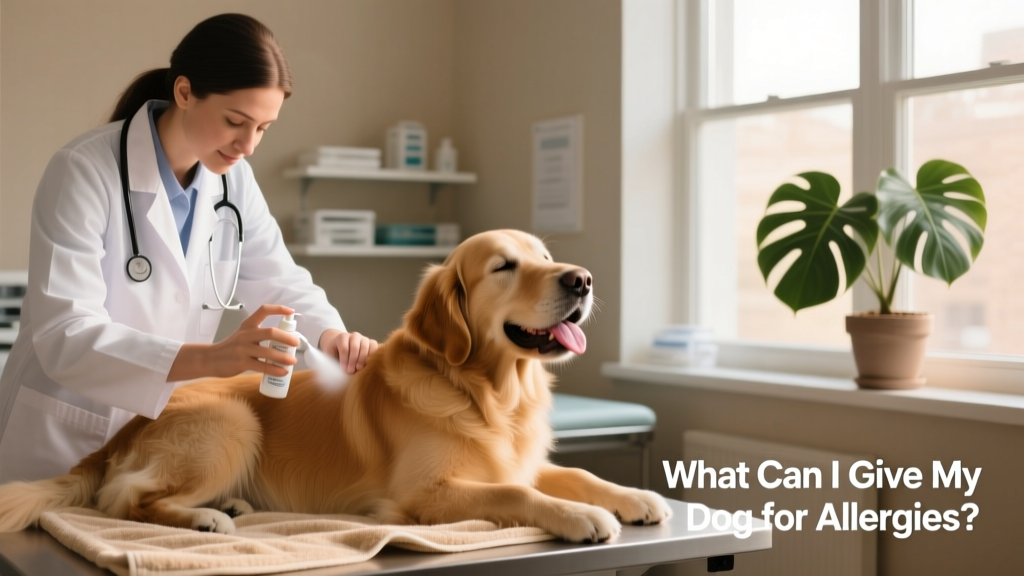 A veterinarian gently applying a topical spray to a dog's itchy flank while the dog remains relaxed