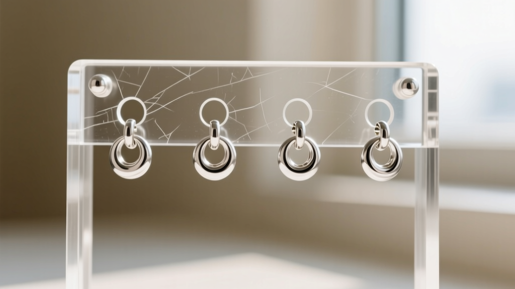 Close-up of clear acrylic earring holder frame showing laser-cut holes holding thick sterling silver post earrings securely.