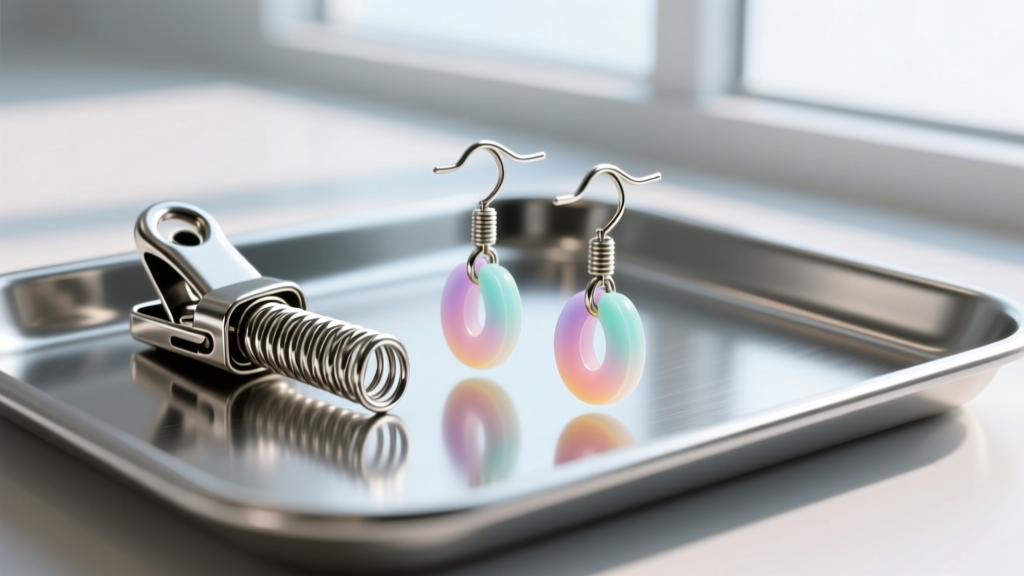 Disassembled steel roach clip earring showing the torsion spring and silicone jaw pads resting on a sterile metal tray