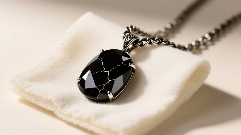Black kyanite pendant on an oxidized silver chain resting on a microfiber cleaning cloth under warm studio lighting